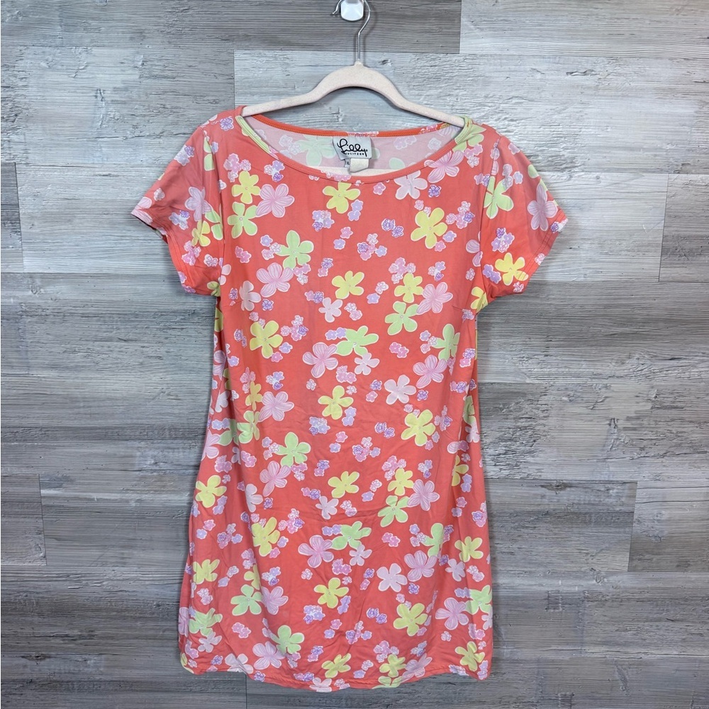 Lilly Pulitzer Coral Floral Midi Dress with Yellow & Pink Flowers